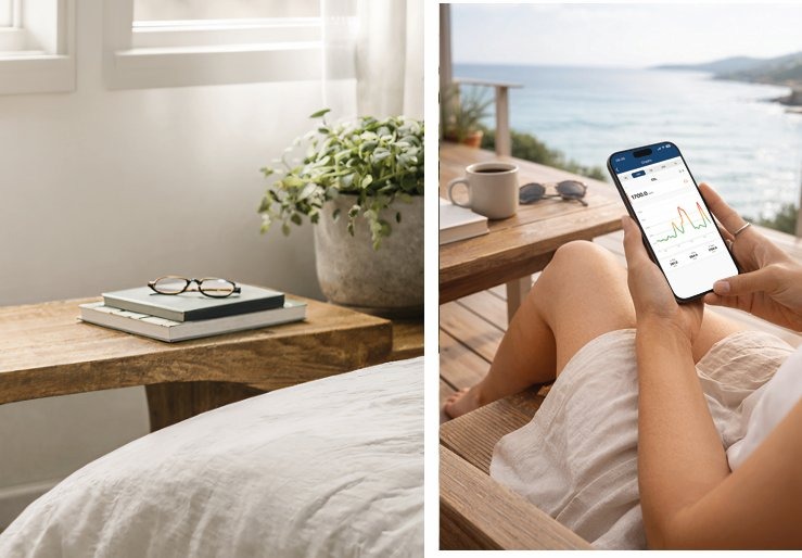 A peaceful bedside scene paired with a person checking the BSK Connect app from a sunlit beach deck