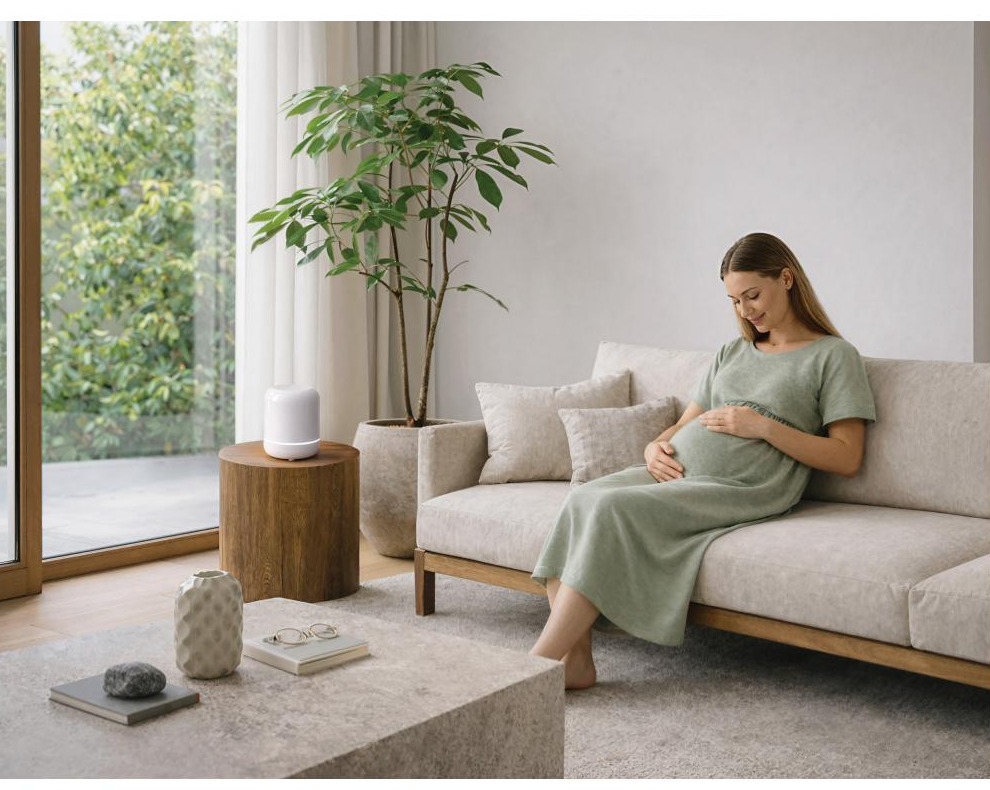 Expectant mother resting in a calm living room with Clervo Radon monitoring air quality